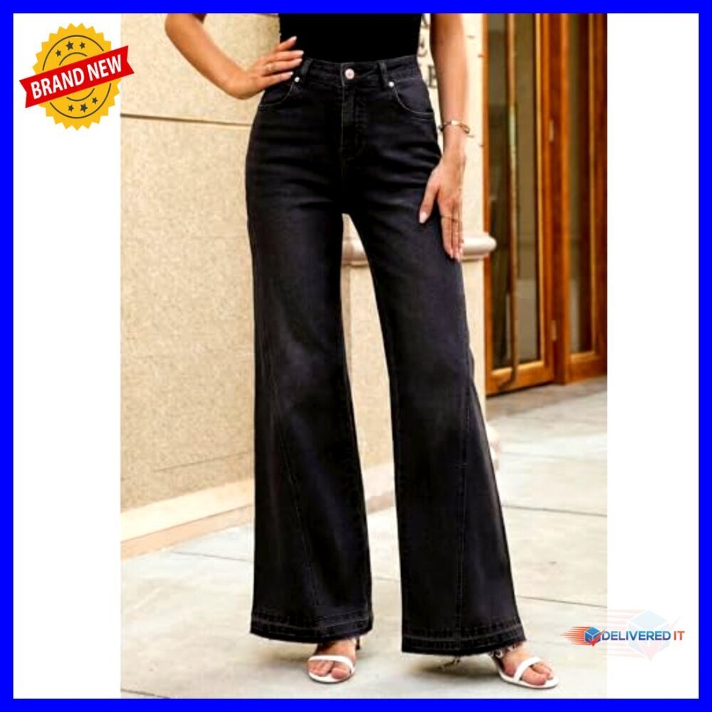 High Waisted Wide Leg Denim Pants Casual Flare Jeans Raw Hem Y2K Chic - Picture 2 of 7